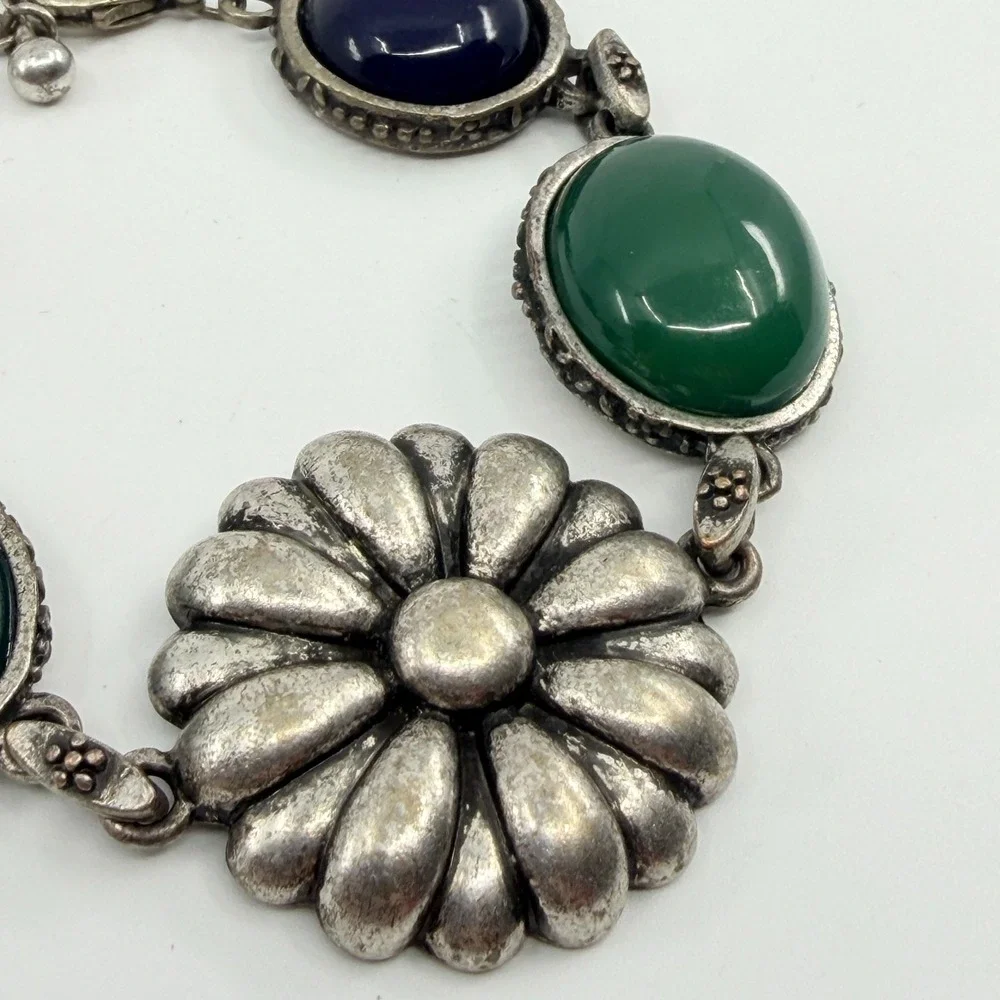 Vintage Boho Flower Bracelet Green Navy Cabochon Silver Tone